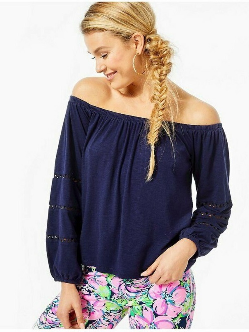 Lilly Pulitzer Navy Off-Shoulder Peasant Top